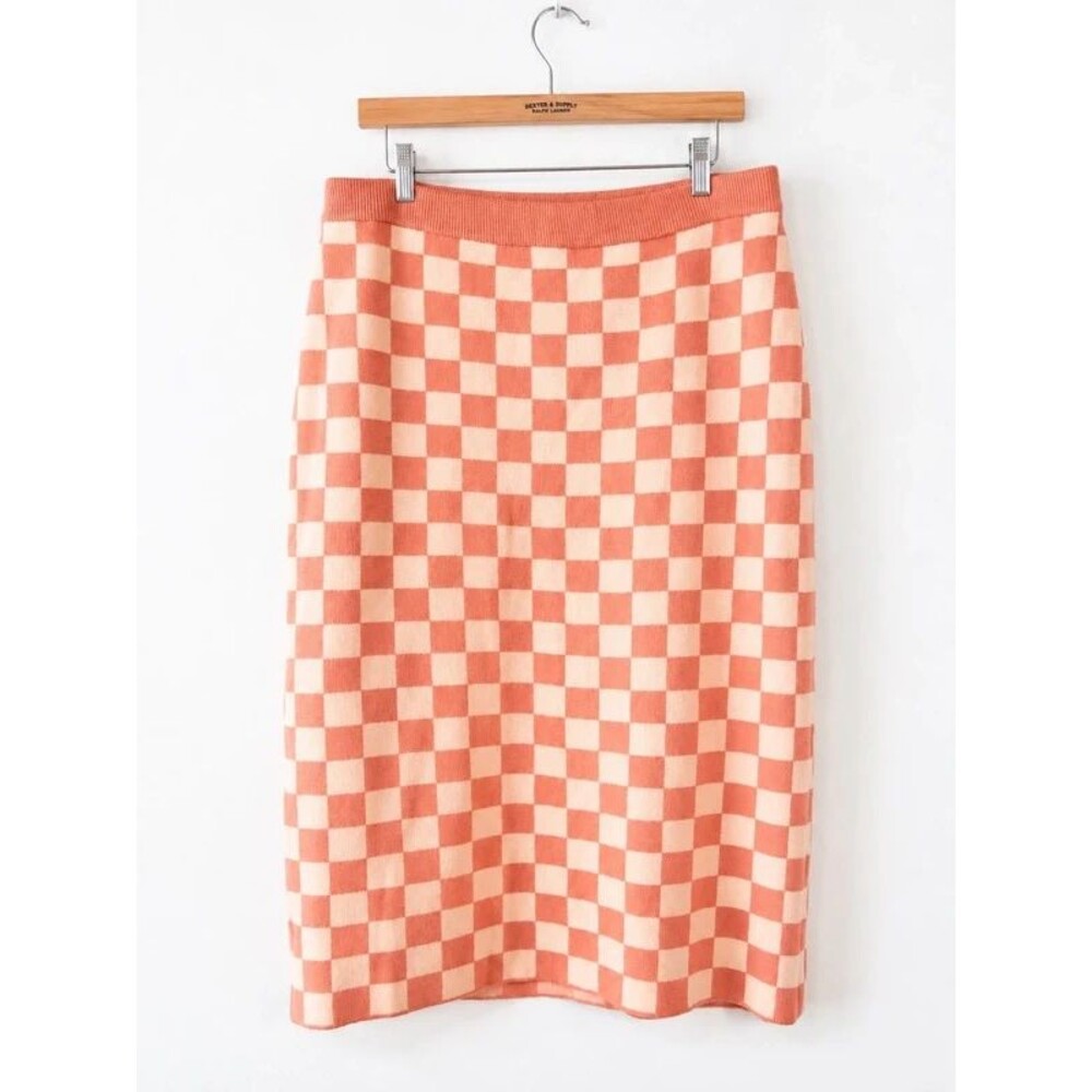 Vintage ROOLEE Boho checkered knit midi skirt  XL coral-peach Mod Retro
